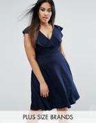 Club L Plus Skater Dress With Ruffle Shoulders - Navy