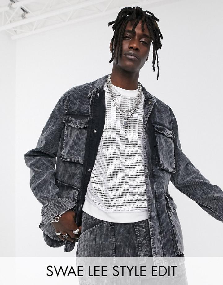 Asos Design Two-piece Utility Jacket In Acid Wash Cord-black