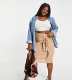 Asos Design Curve Wrap Midi Skirt In Natural Crinkle In Dark Stone-neutral