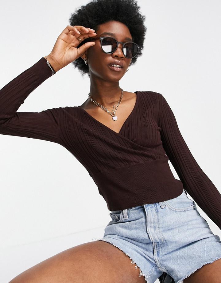 Miss Selfridge Chocolate Wide Rib Knit Deep Wrap Sweater-brown