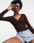 Miss Selfridge Chocolate Wide Rib Knit Deep Wrap Sweater-brown