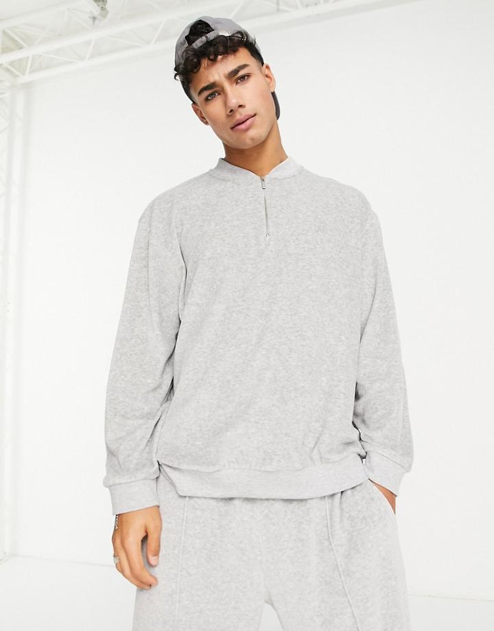 Topman Baseball Velour Lounge Half Zip In Gray