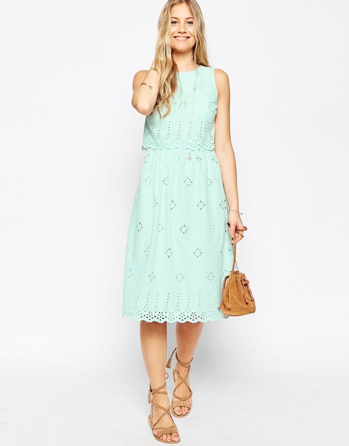 Asos Midi Broderie Double Layer Sundress - Green