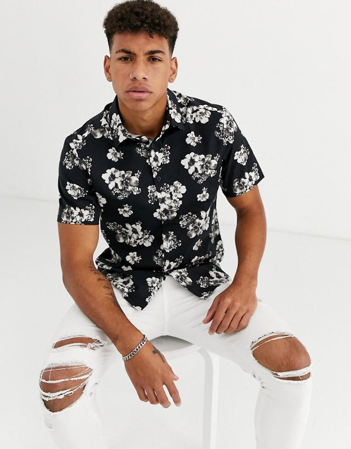 Asos Design Slim Stretch Floral Shirt In Black