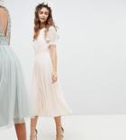 Tfnc Pleated Midi Bridesmaid Dress With Spot Mesh Frill Detail - Pink