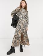 Asos Design Satin High Neck Button Through Open Back Maxi Tea Dress In Leopard Print-multi
