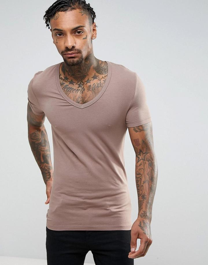 Asos Extreme Muscle Fit T-shirt With Deep V Neck In Brown - Brown
