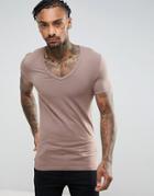 Asos Extreme Muscle Fit T-shirt With Deep V Neck In Brown - Brown