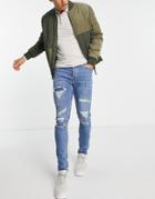 Topman Rip And Repair Stretch Skinny Jeans In Mid Wash-blue