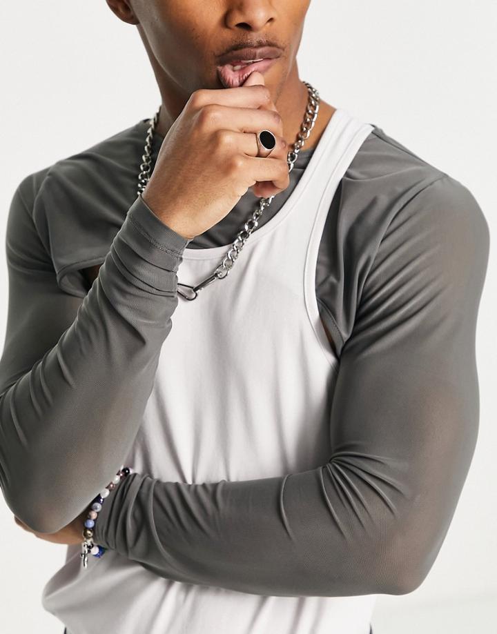 Asos Design Muscle Long Sleeve T-shirt In Gray With Layered Mesh And Cut Outs
