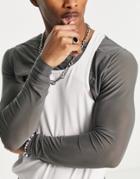 Asos Design Muscle Long Sleeve T-shirt In Gray With Layered Mesh And Cut Outs