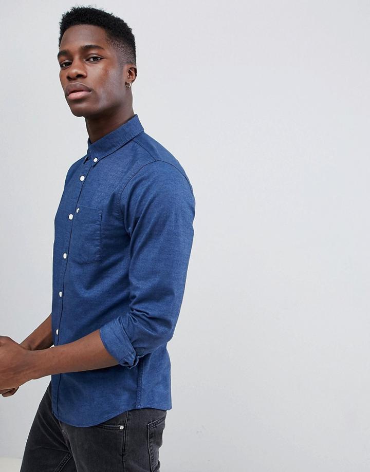 Hollister Oxford Icon Seagull Logo Slim Fit Shirt In Navy - Navy