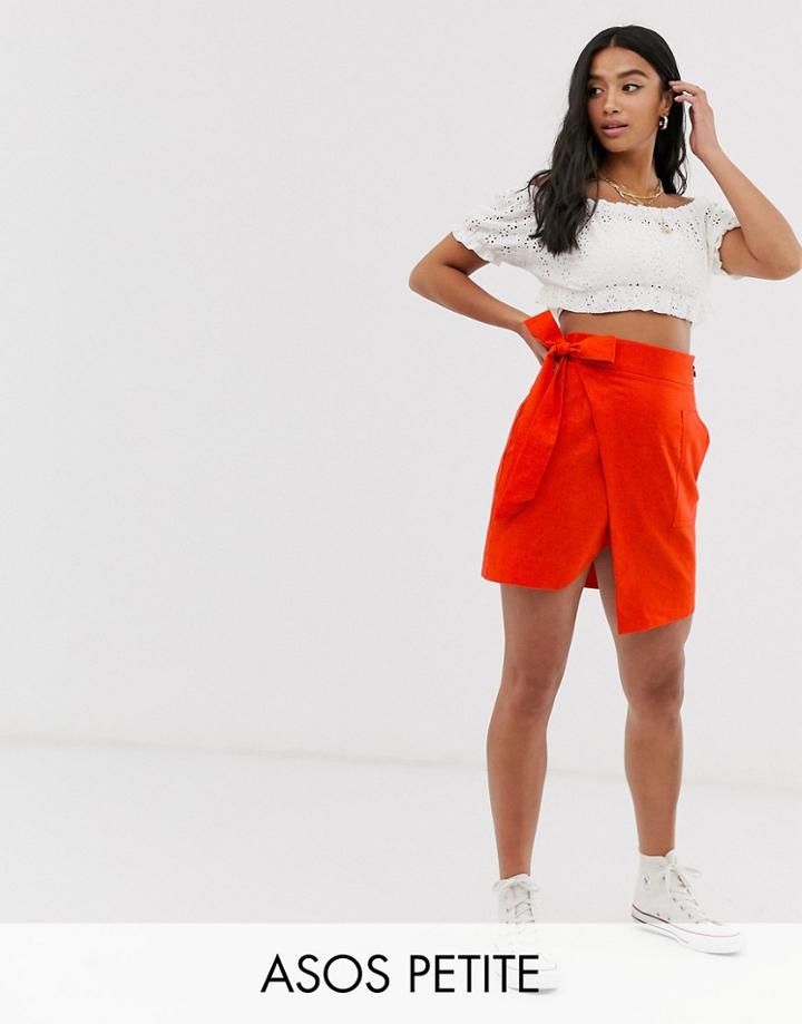 Asos Design Petite Utility Linen Wrap Mini Skirt - Red
