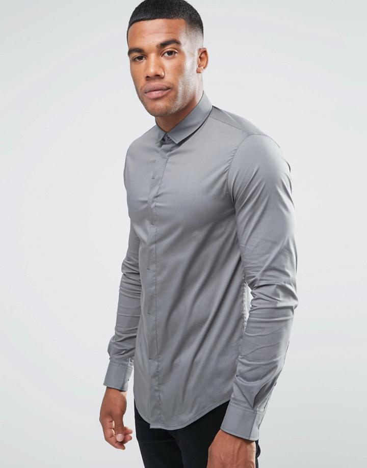 Armani Jeans Shirt In Gray Slim Stretch With Concealed Placket - Gray
