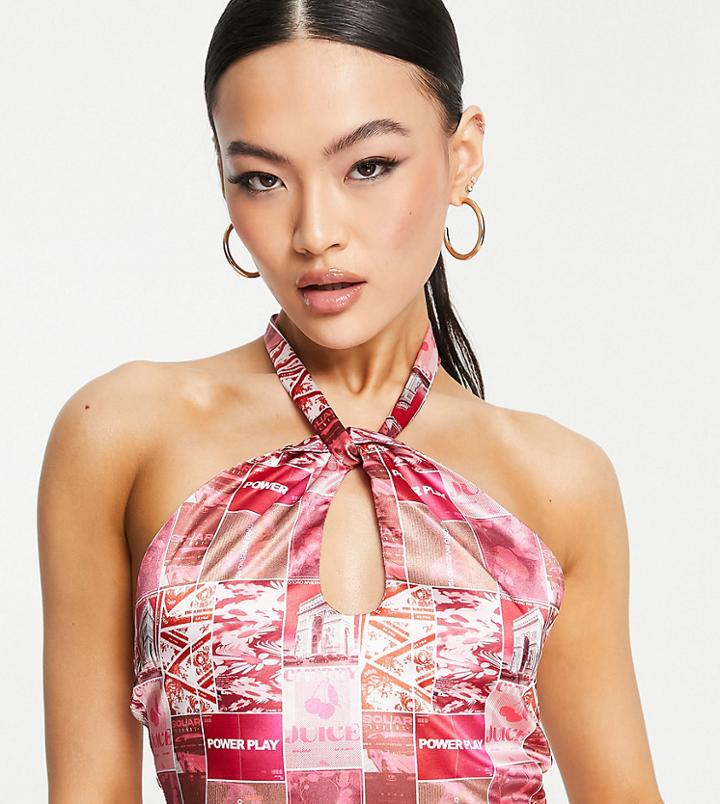 Asyou Peekaboo Halter Neck Satin Top In Graphic Print-multi