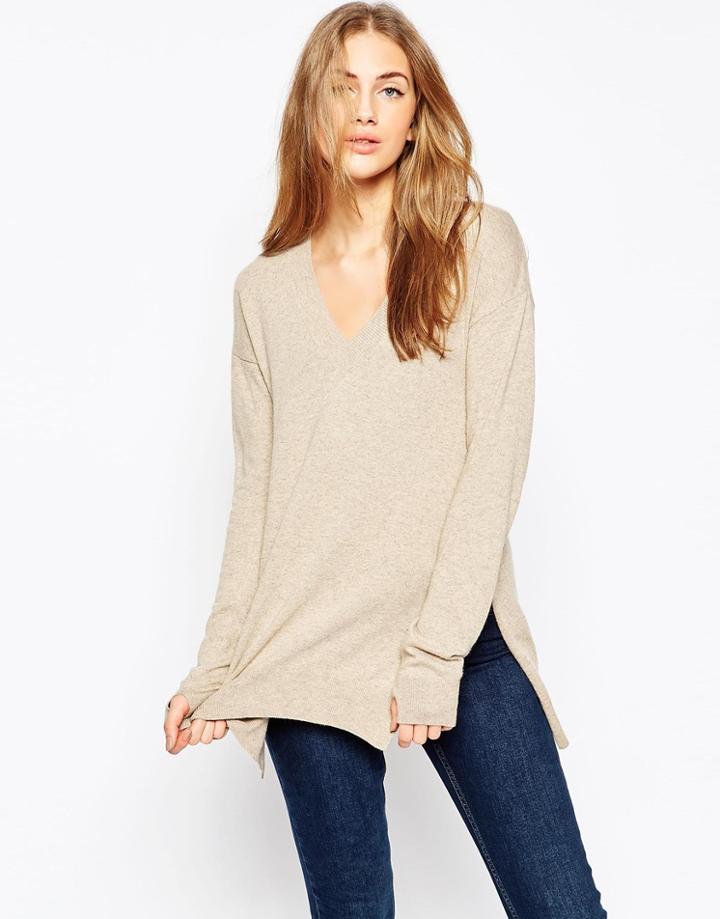 Asos Jumper With V-neck In Cashmere Mix - Beige