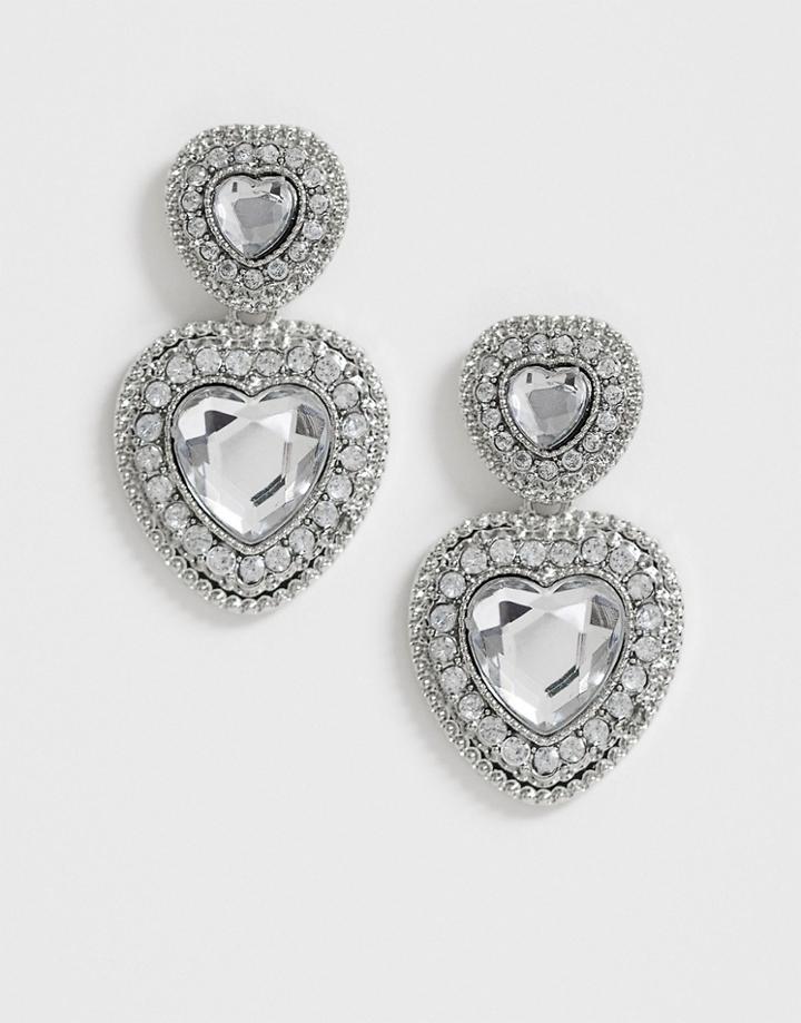 Asos Design Earrings With Double Drop Crystal Heart In Silver Tone