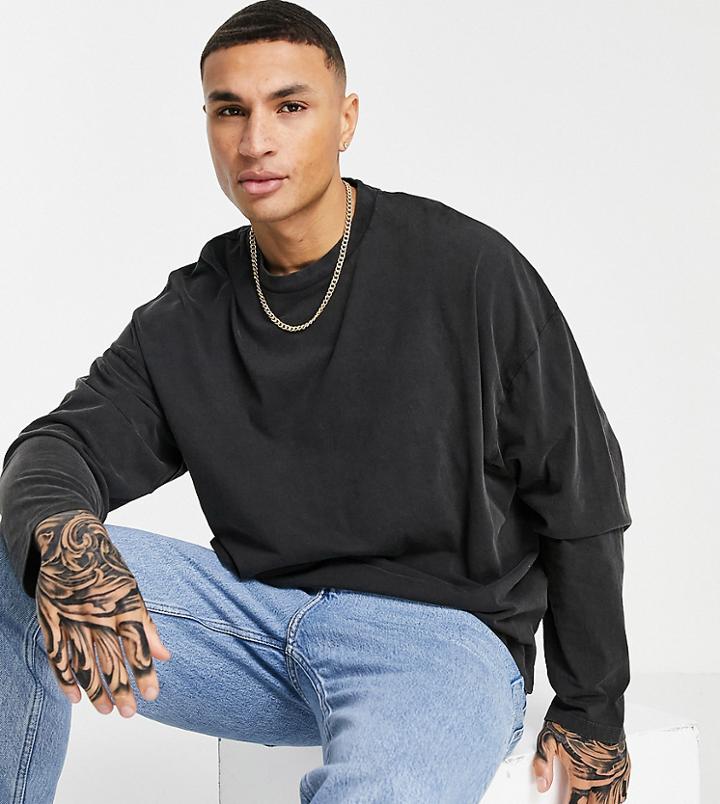 Asos Design Oversized Long Sleeve T-shirt In Black Cotton Blend Acid Wash - Black