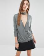 Religion High Neck Open Back Top With Bead Detail & Long Sleeves - Gun Metal