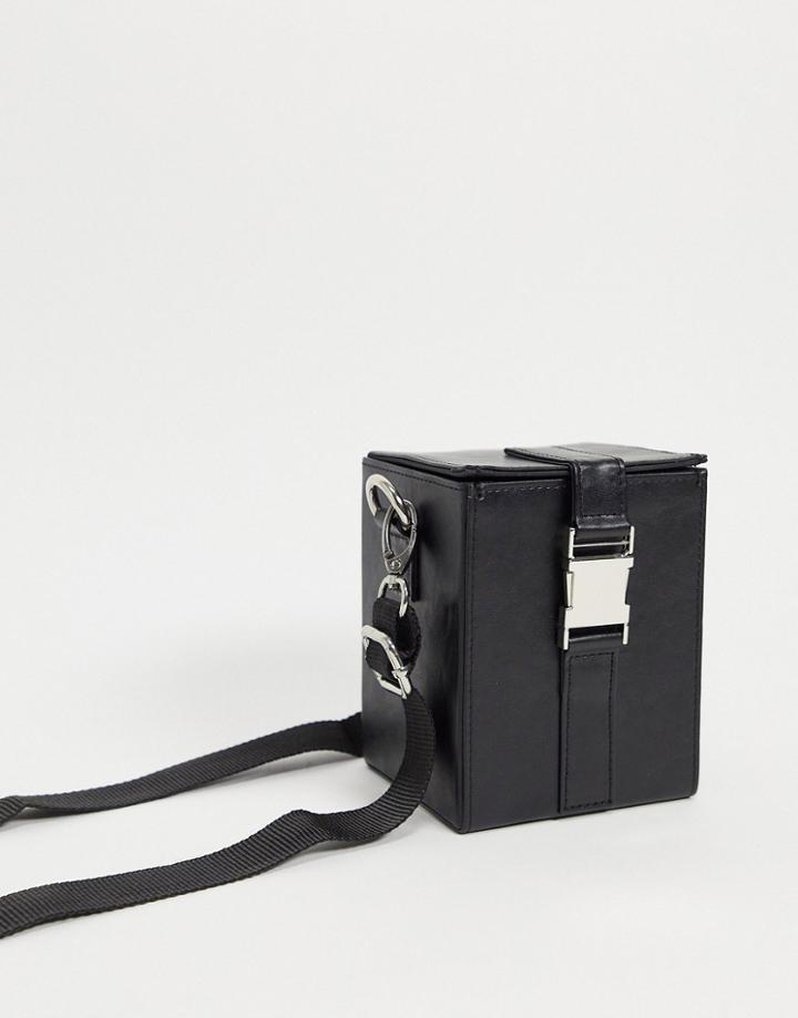 Asos Design Crossbody Structured Box Bag In Black Faux Leather With Clasp Detail