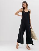 Asos Design Minimal Jumpsuit With Tie Back In Linen Look-black