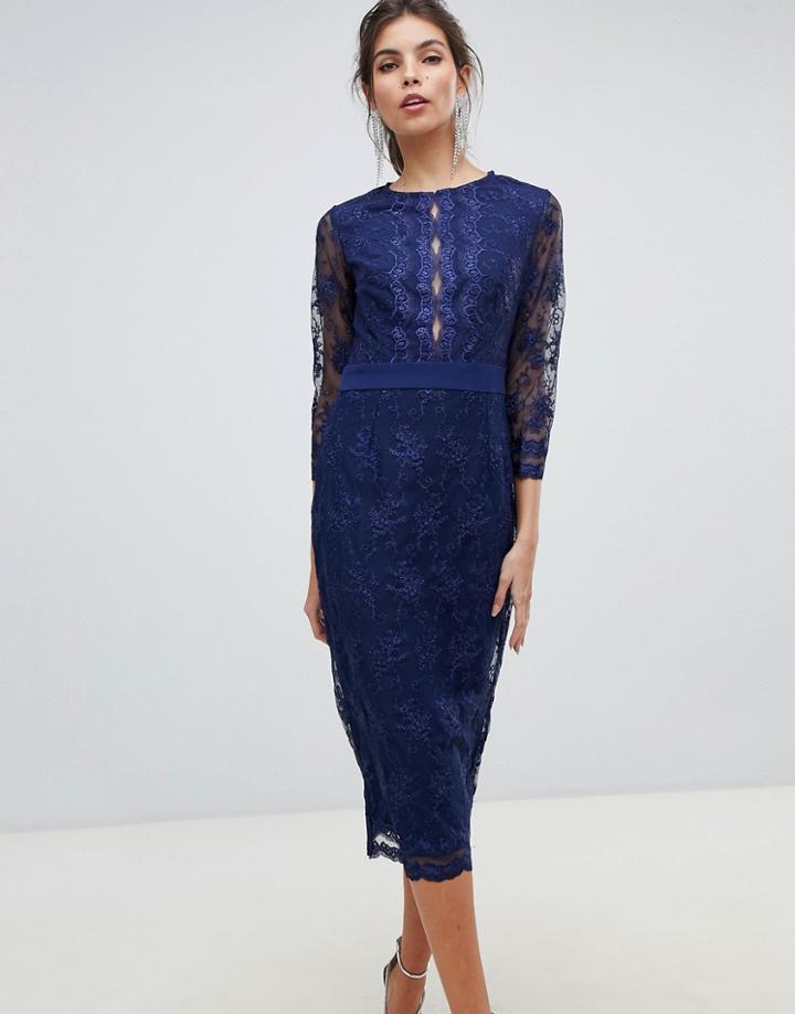 Little Mistress Sheer Mid Length Sleeve Embroidered Mesh Pencil Dress With Scallop Edging Ves-navy