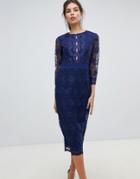 Little Mistress Sheer Mid Length Sleeve Embroidered Mesh Pencil Dress With Scallop Edging Ves-navy