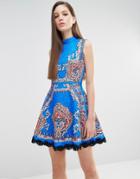 Comino Couture High Neck Skater Dress In Mutli Print With Stud Detail - Cobalt Blue