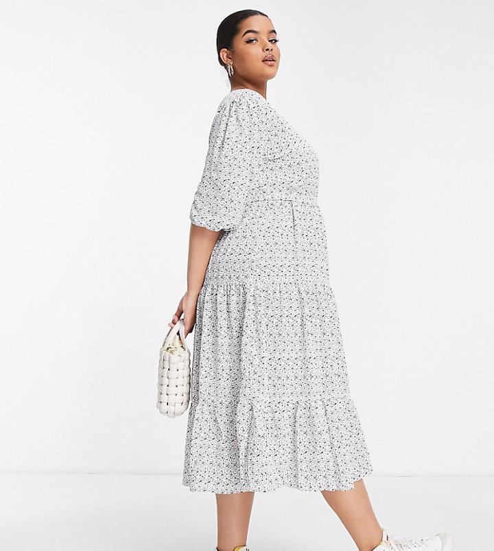 Glamorous Curve Long Sleeve Wrap Midi Dress In Black Daisy-white