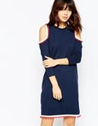 Asos Swing Dress In Knit With Cold Shoulder And Pom Pom Detail - Navy