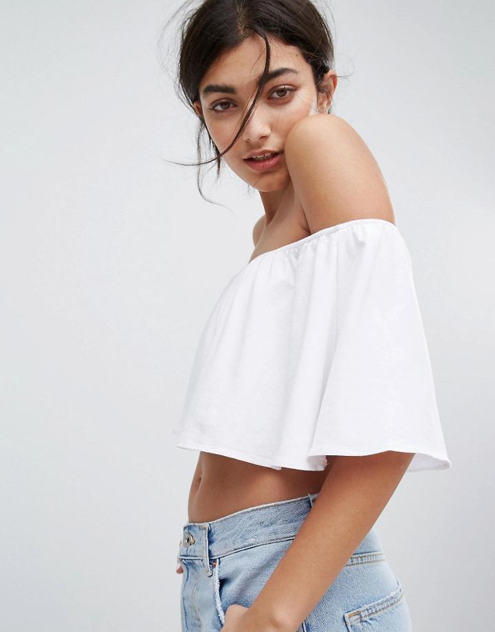 Bershka Frill Bardot Crop Top - White