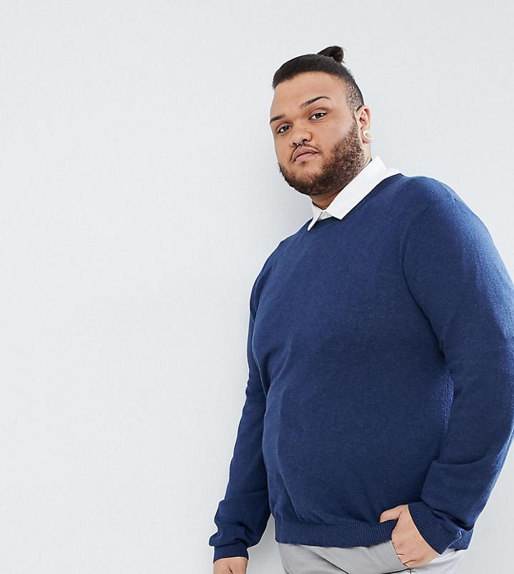 Asos Plus Crew Neck Cotton Sweater In Navy - Navy