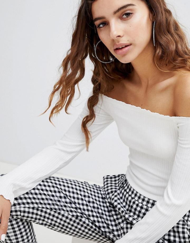 Bershka Ribbed Off Shoulder Top In White - White