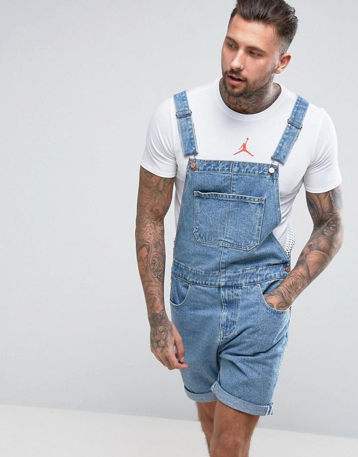 Asos Short Overall In Mid Wash - Blue