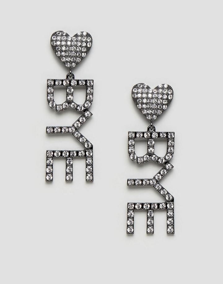Asos Design Earrings With Crystal Heart And Word Design In Gunmetal - Silver