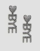 Asos Design Earrings With Crystal Heart And Word Design In Gunmetal - Silver