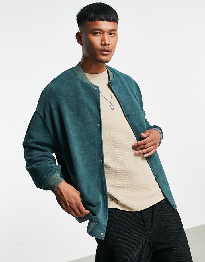 Asos Design Oversized Jersey Bomber Jacket In Green Acid Wash