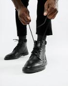 Asos Brogue Boots In Black Leather With Cuff Detail - Black