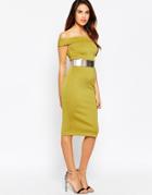 Asos Bardot Pencil Dress With Metallic Belt - Green