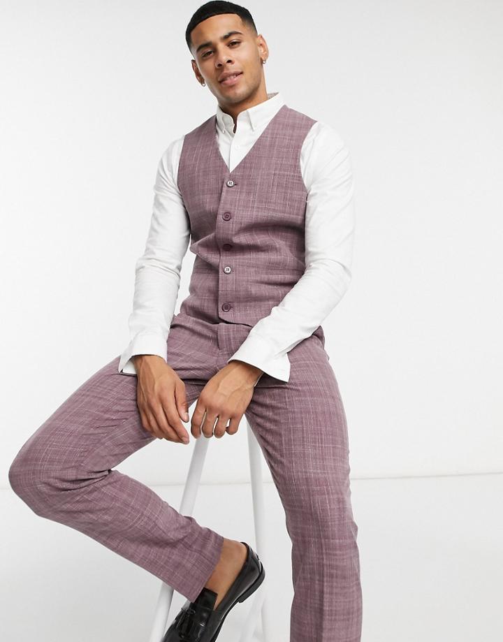 Asos Design Wedding Skinny Suit Vest In Burgundy Crosshatch-red