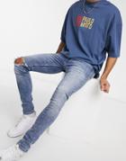 Jack & Jones Intelligence Tom Super Skinny Jeans With Ripped Knee In Blue-blues