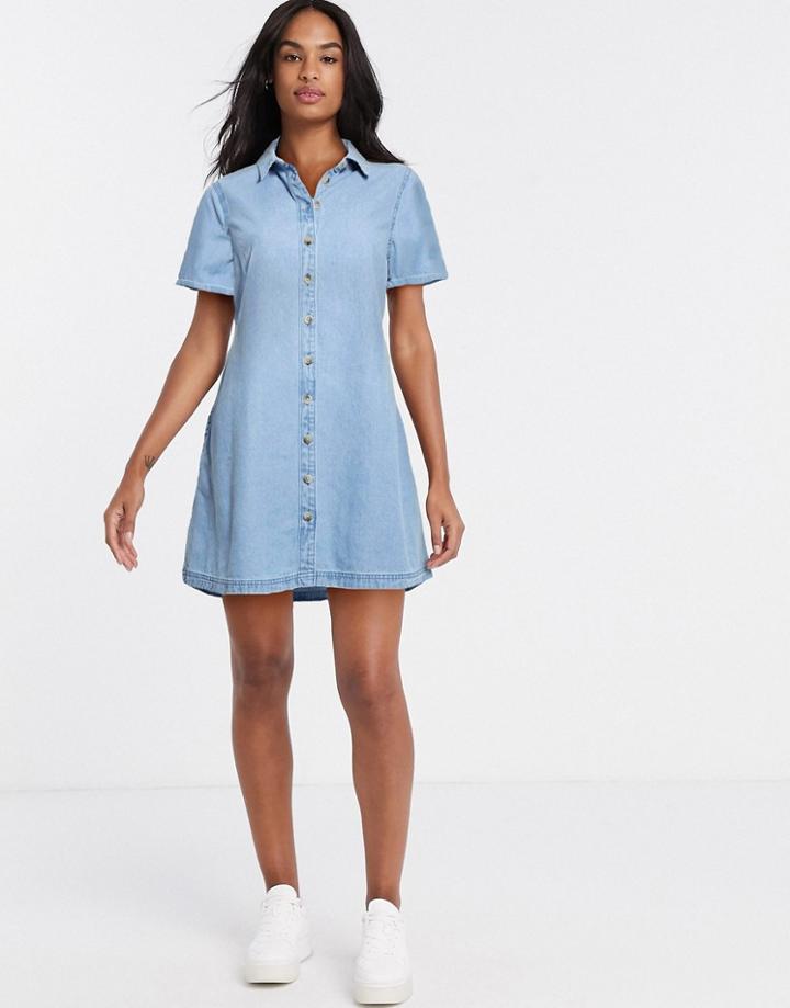 Asos Design Soft Denim Smock Shirt Dress In Midwash Blue-blues