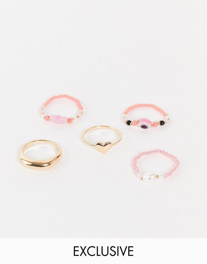 Reclaimed Vintage Inspired Heart Stretch Rings In Beading And Gold 5 Pack