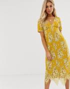 Asos Design Midi Button Through Lace Tea Dress-yellow