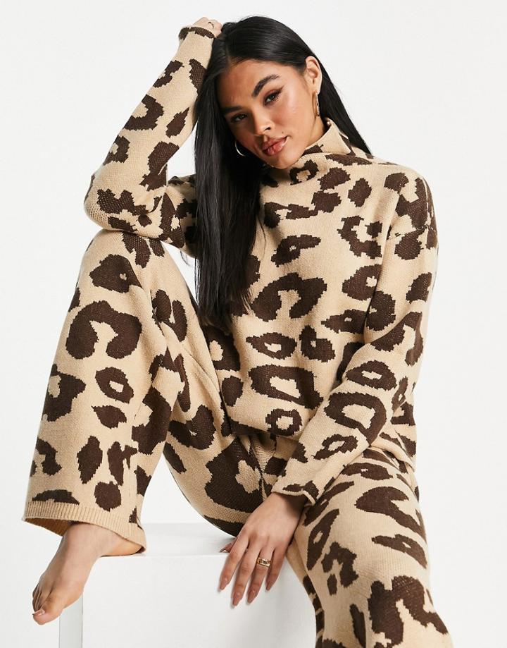 Loungeable Roll Neck Knitted Sweater In Leopard Print-multi