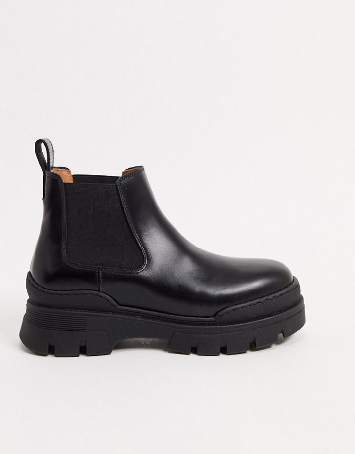 & Other Stories Leather Pull On Short Chunky Sole Flat Boots In Black