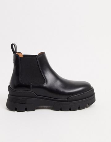 & Other Stories Leather Pull On Short Chunky Sole Flat Boots In Black
