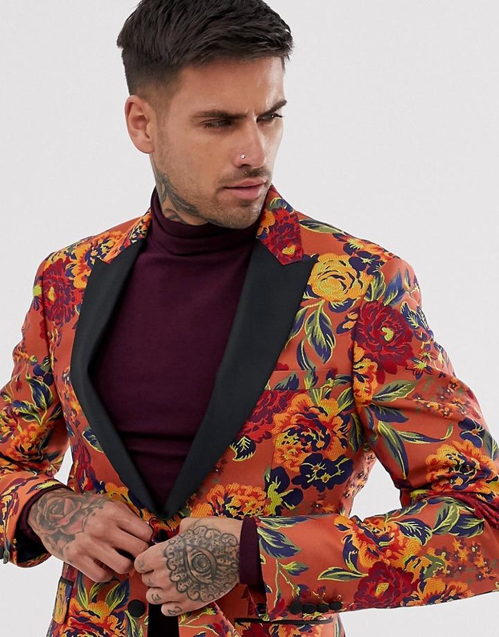 Asos Design Skinny Tuxedo Blazer With Floral Jacquard In Orange-red