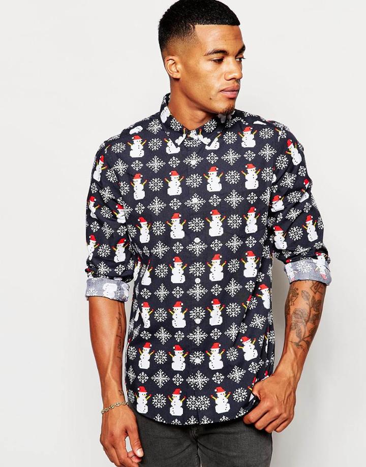 Asos Christmas Snowflake Shirt In Long Sleeves - Navy