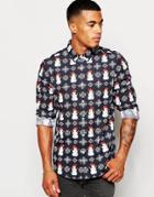 Asos Christmas Snowflake Shirt In Long Sleeves - Navy